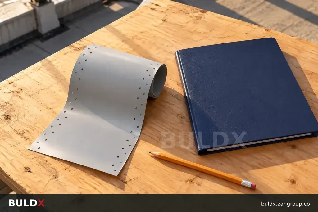 AI-generated product sample context: Small membrane sample and blank maintenance folder at a roof service table, top-down composition