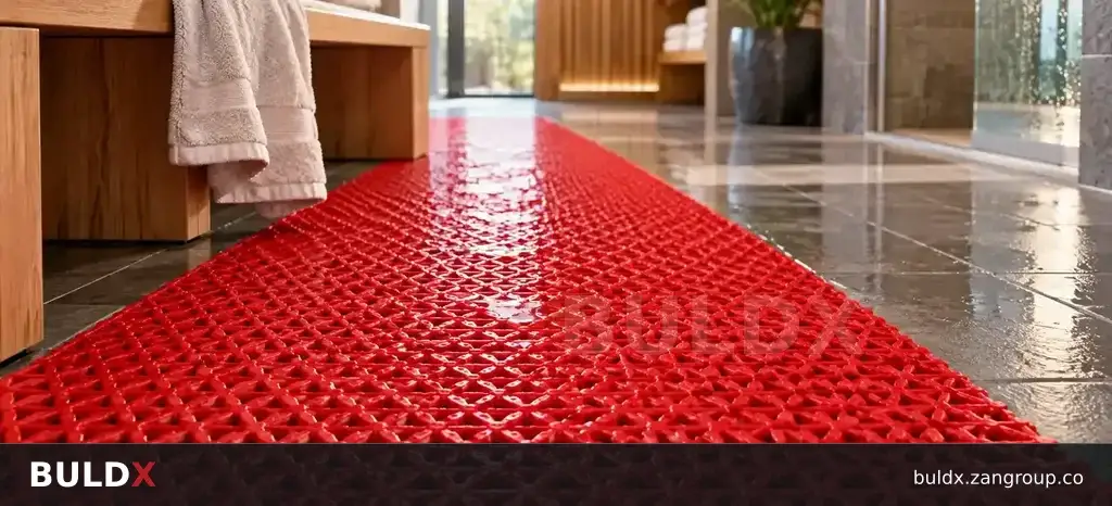 AI-generated application context: Wet-area walkway mats: compare construction and use