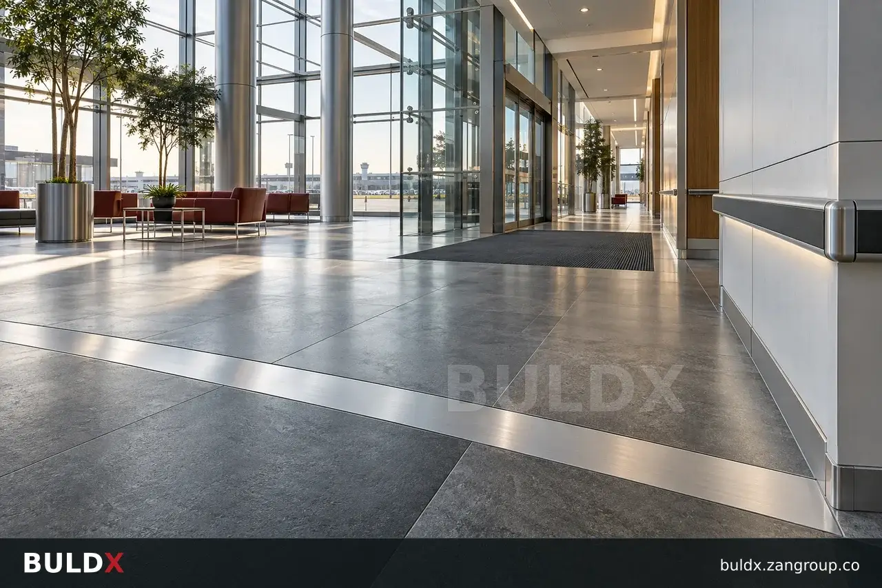 Architectural concept of a contemporary atrium with floor movement joints, entrance matting and wall protection